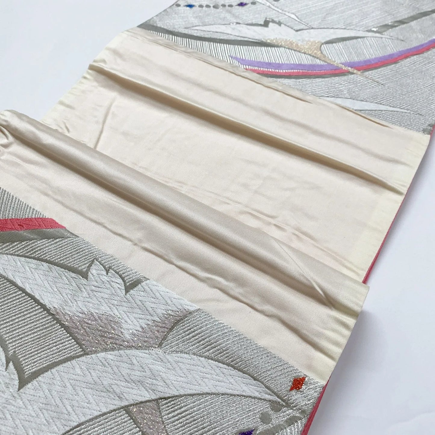 6352# Japanese Vintage Fukuro Obi Belt Kimono Fabric Silk Traditional Silver