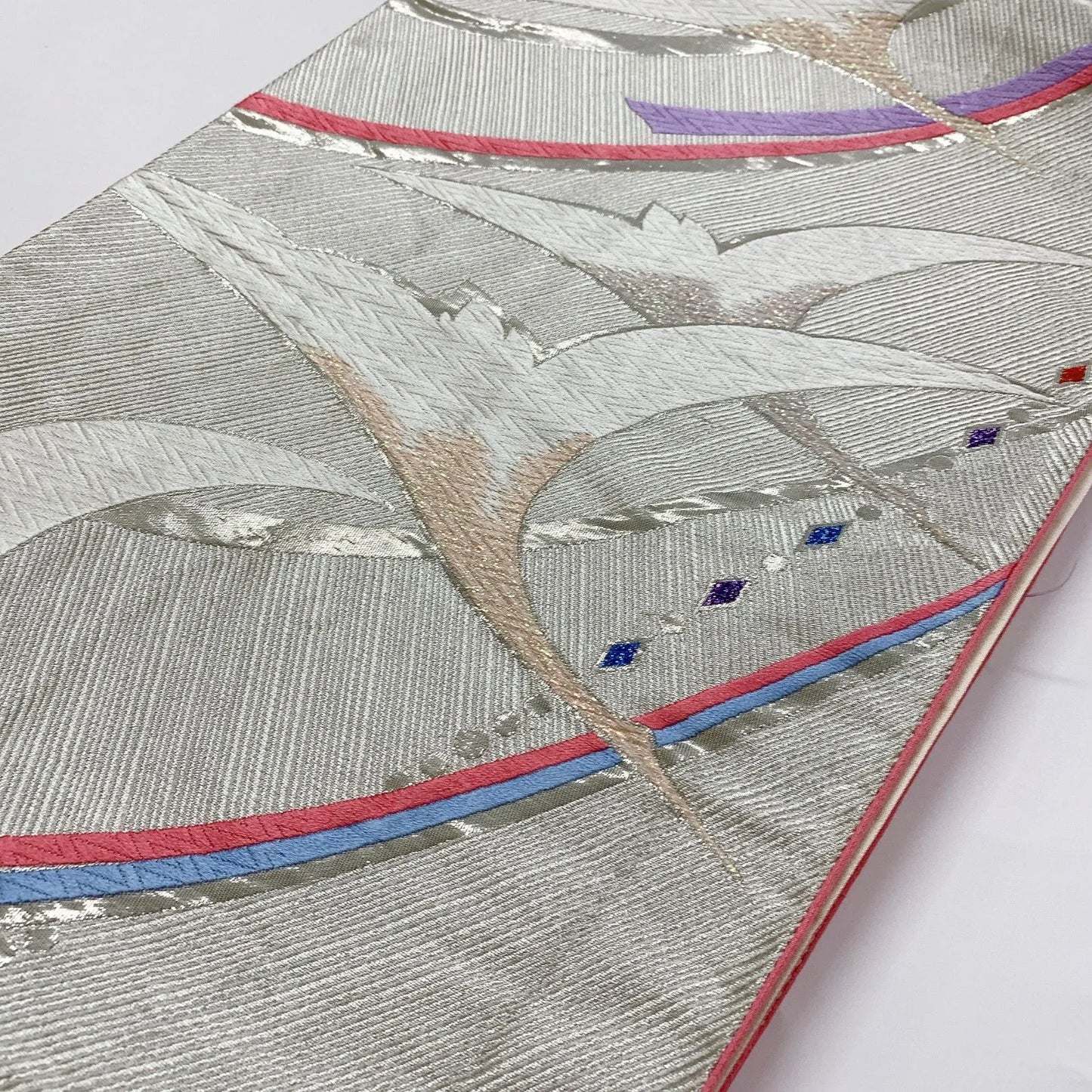 6352# Japanese Vintage Fukuro Obi Belt Kimono Fabric Silk Traditional Silver