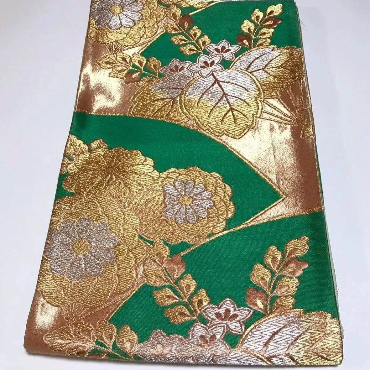 6339# Japanese Vintage Fukuro Obi Belt Kimono Fabric Silk Traditional Green