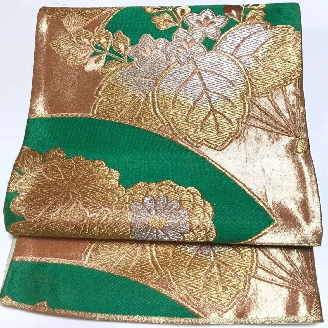 6339# Japanese Vintage Fukuro Obi Belt Kimono Fabric Silk Traditional Green