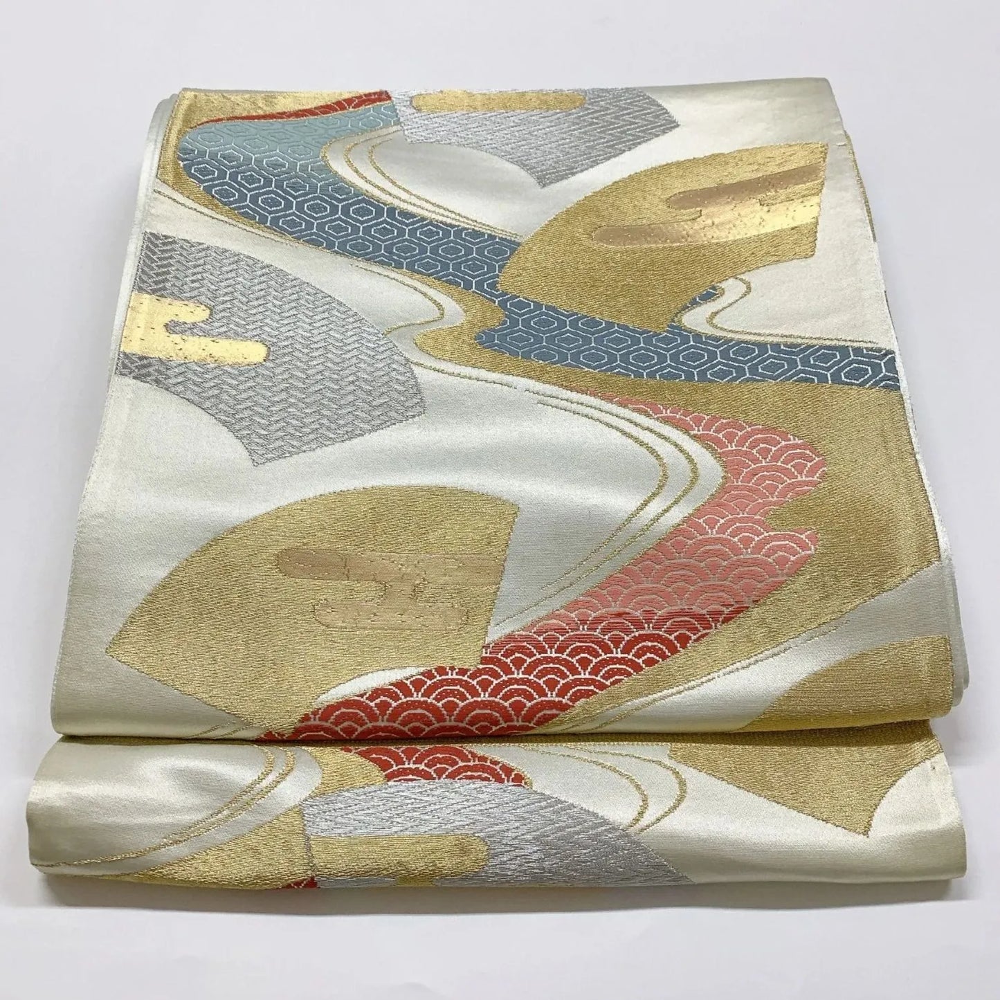 6343# Japanese Vintage Fukuro Obi Belt Kimono Fabric Silk Traditional Silver