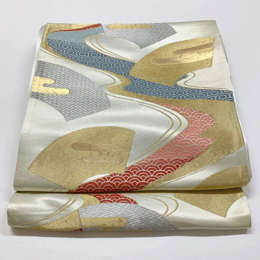 6343# Japanese Vintage Fukuro Obi Belt Kimono Fabric Silk Traditional Silver