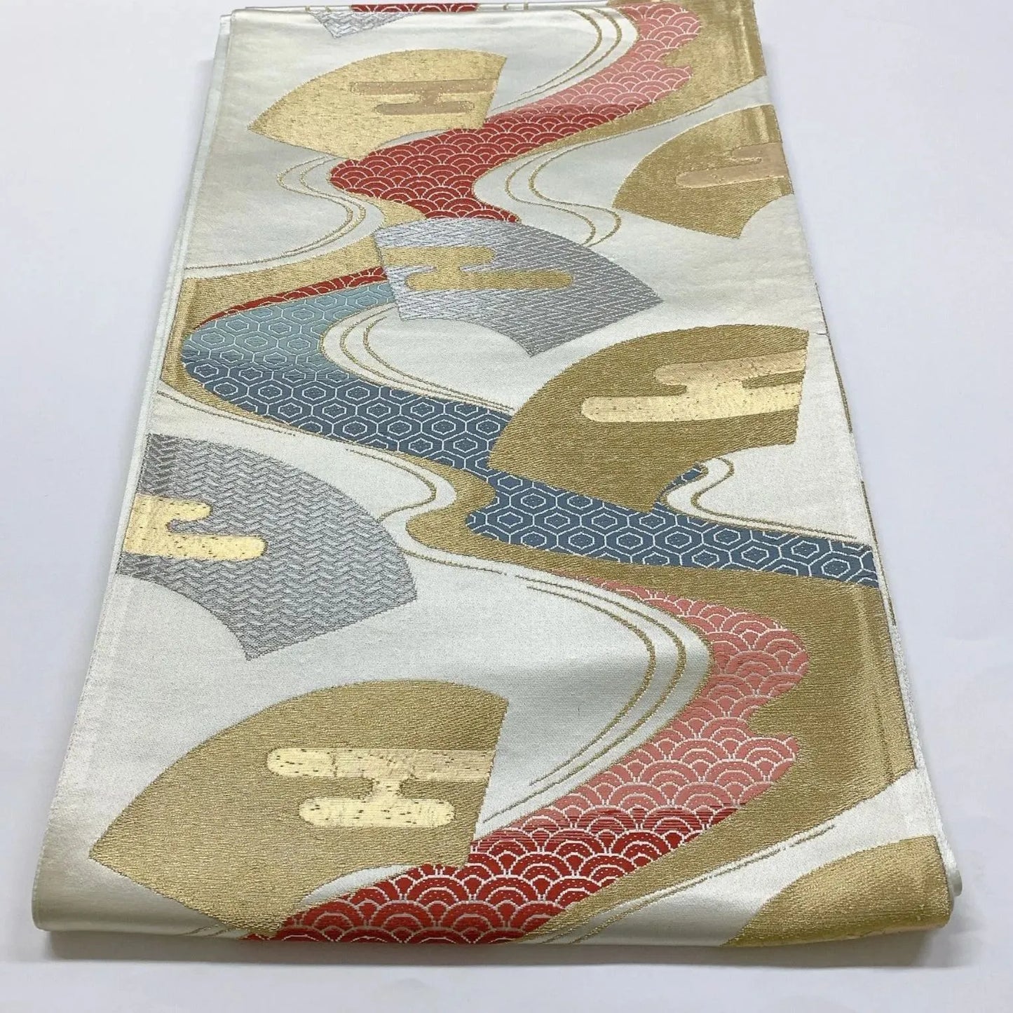 6343# Japanese Vintage Fukuro Obi Belt Kimono Fabric Silk Traditional Silver