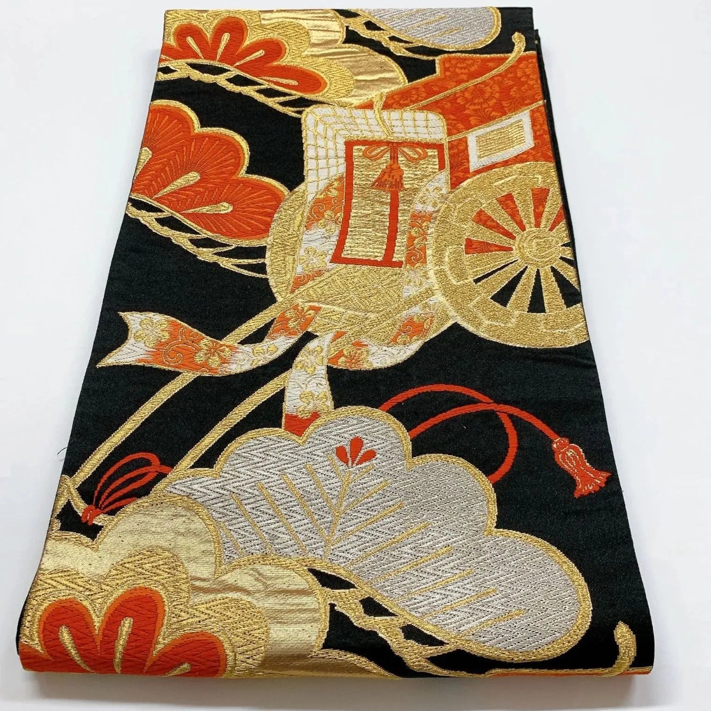 6348# Japanese Vintage Fukuro Obi Belt Kimono Fabric Silk Traditional Black
