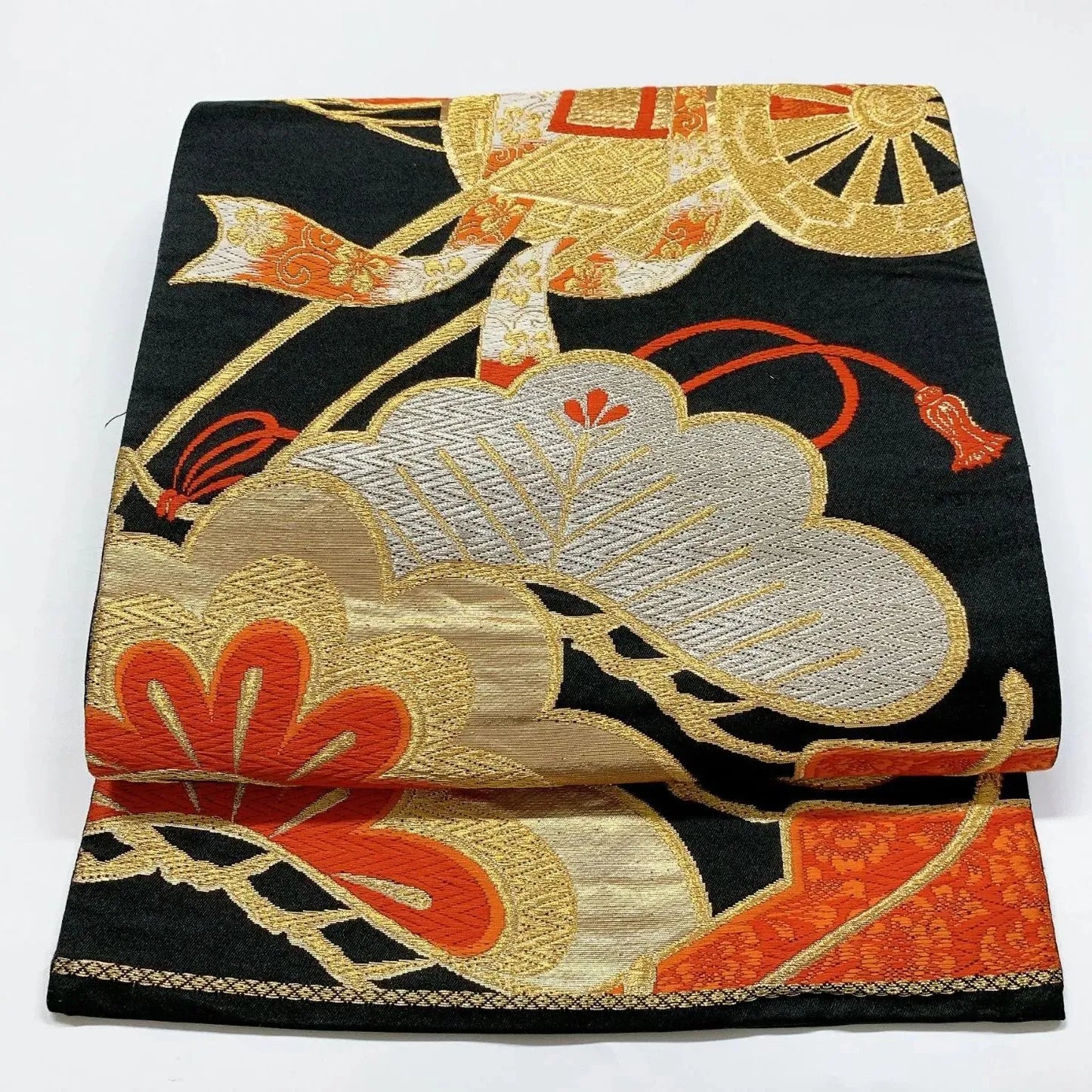 6348# Japanese Vintage Fukuro Obi Belt Kimono Fabric Silk Traditional Black