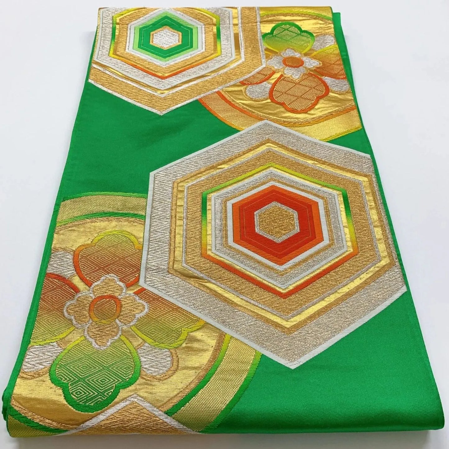6350# Japanese Vintage Fukuro Obi Belt Kimono Fabric Silk Traditional Green