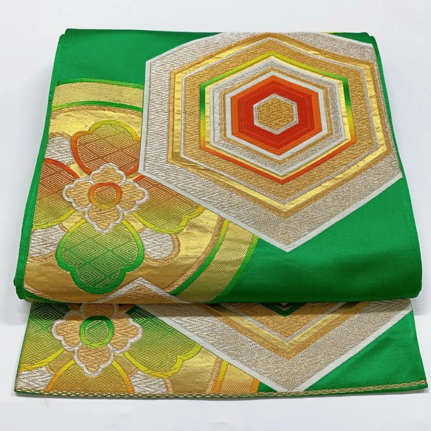 6350# Japanese Vintage Fukuro Obi Belt Kimono Fabric Silk Traditional Green