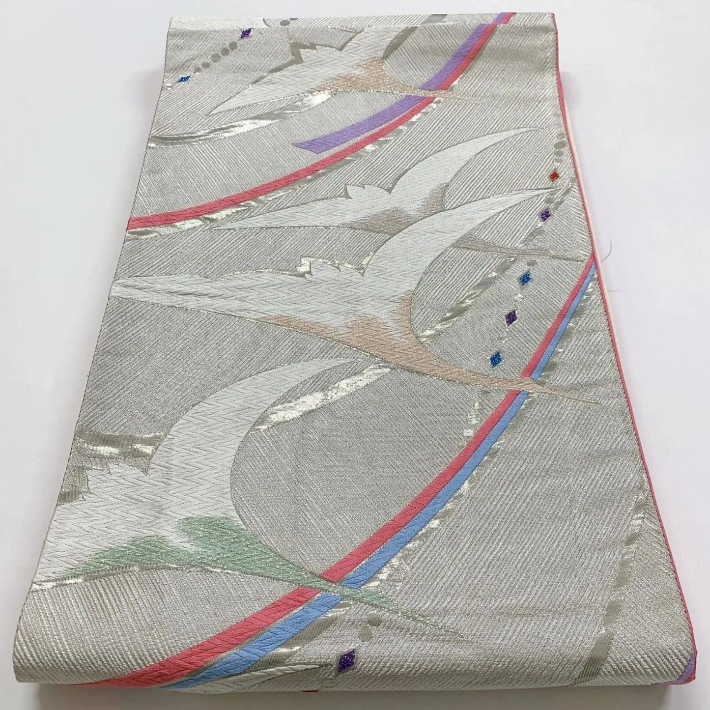 6352# Japanese Vintage Fukuro Obi Belt Kimono Fabric Silk Traditional Silver