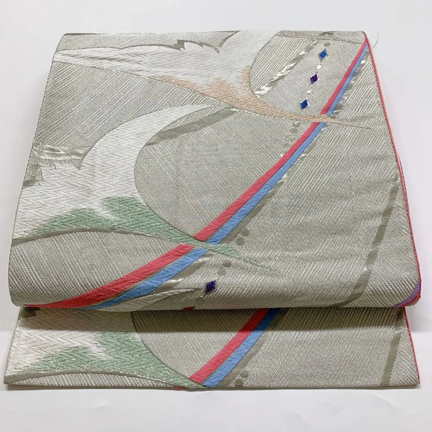 6352# Japanese Vintage Fukuro Obi Belt Kimono Fabric Silk Traditional Silver