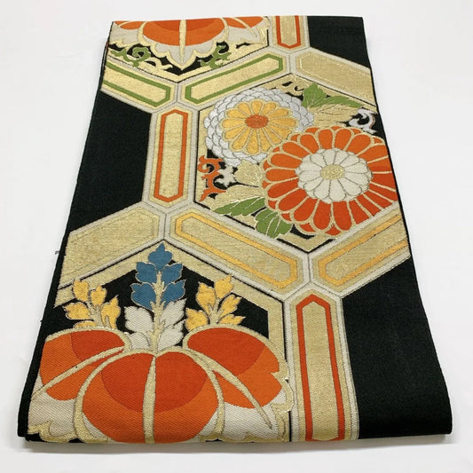 6355# Japanese Vintage Fukuro Obi Belt Kimono Fabric Silk Traditional Black