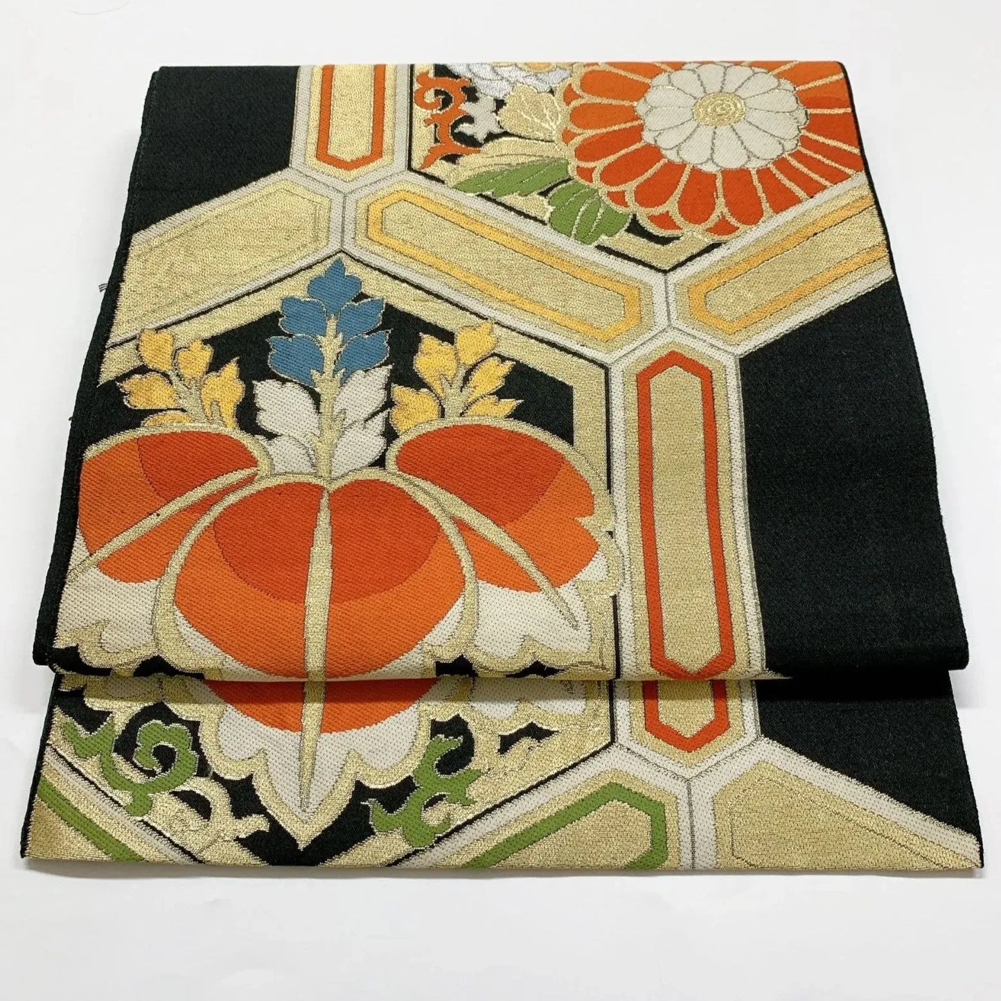 6355# Japanese Vintage Fukuro Obi Belt Kimono Fabric Silk Traditional Black