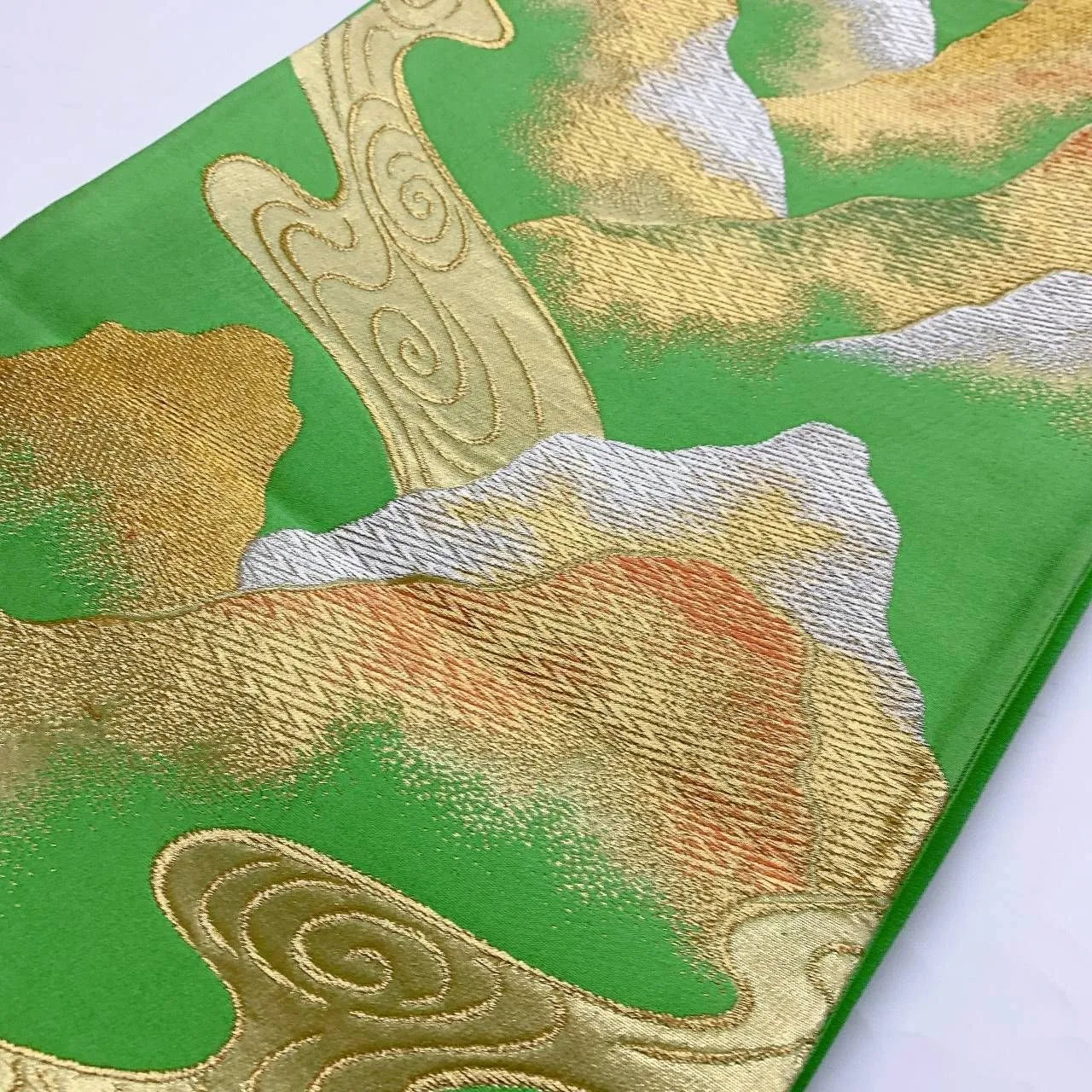 6359# Japanese Vintage Fukuro Obi Belt Kimono Fabric Silk Traditional Green