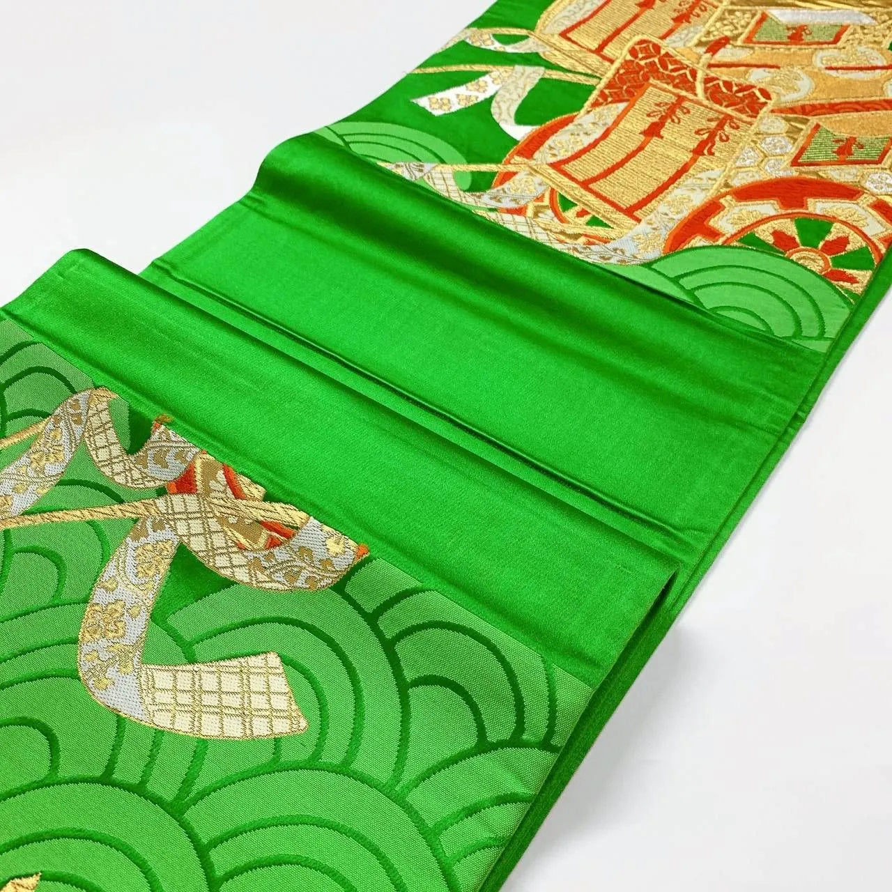 6361# Japanese Vintage Fukuro Obi Belt Kimono Fabric Silk Traditional Green