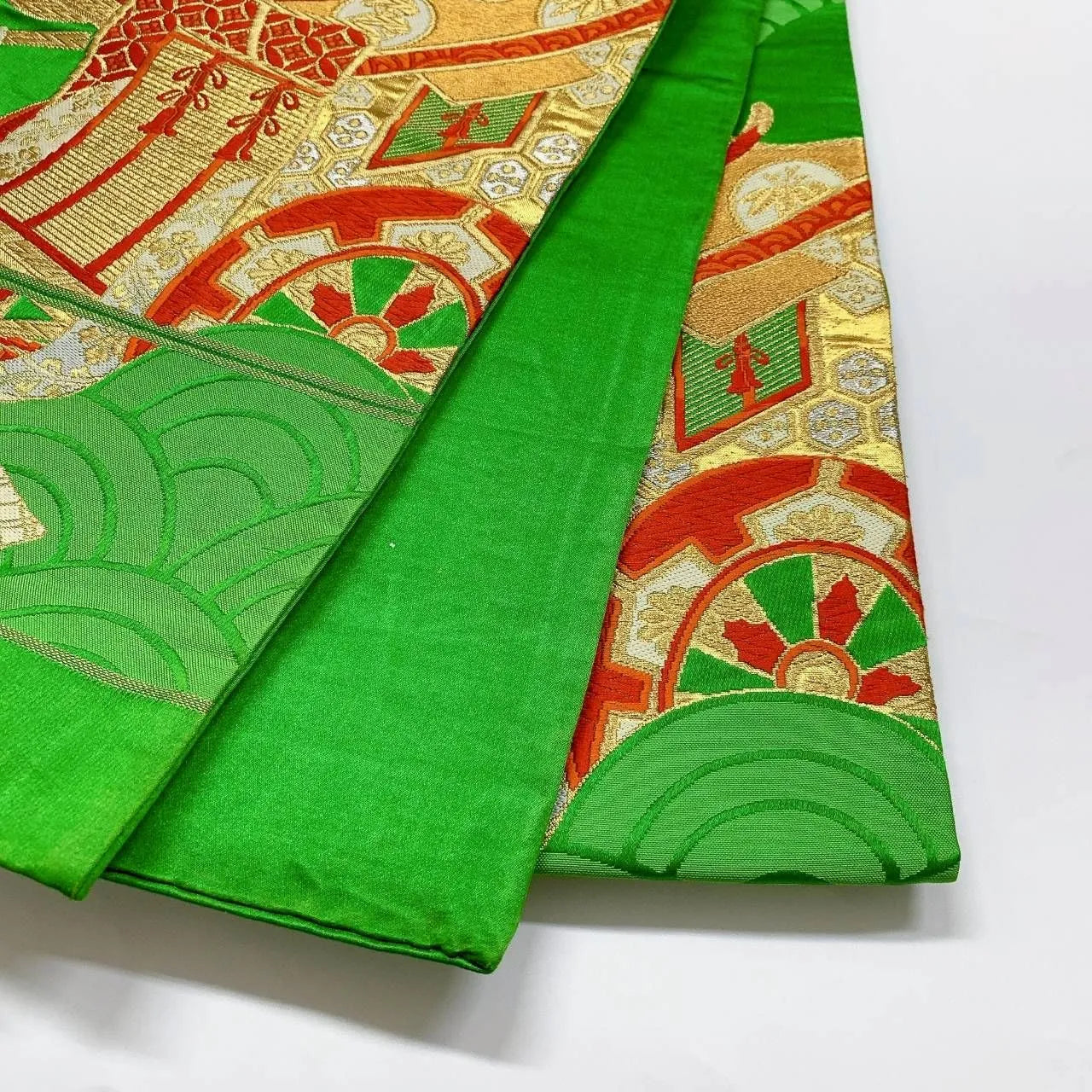 6361# Japanese Vintage Fukuro Obi Belt Kimono Fabric Silk Traditional Green