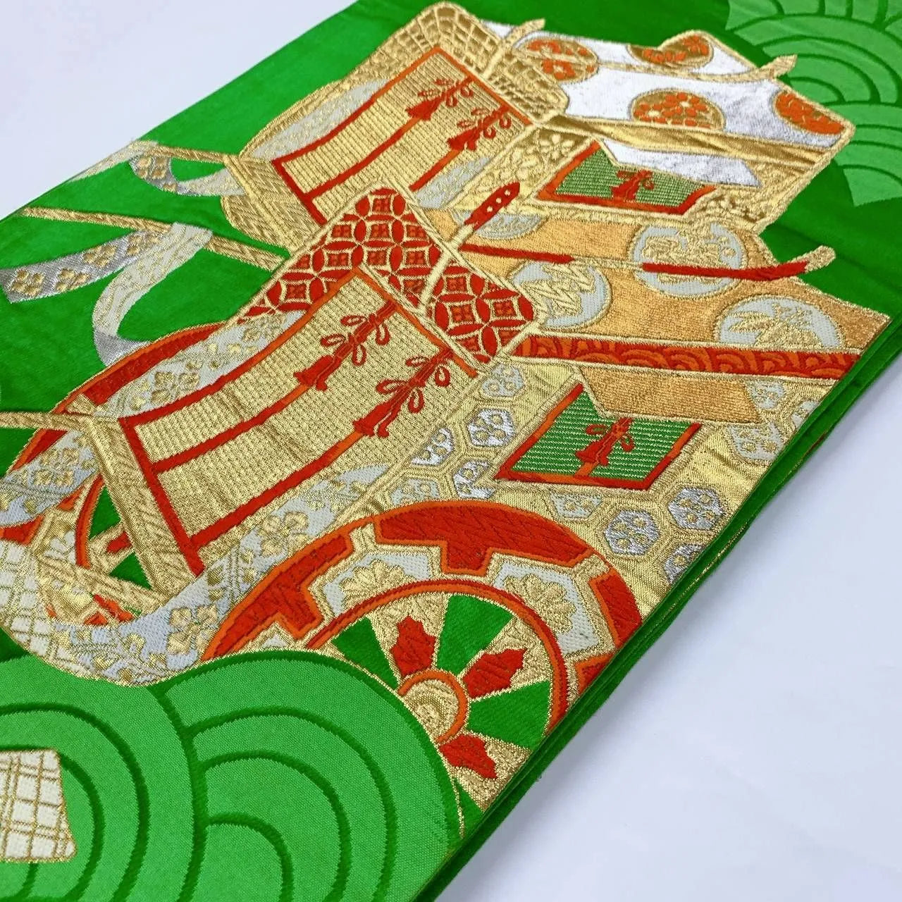 6361# Japanese Vintage Fukuro Obi Belt Kimono Fabric Silk Traditional Green