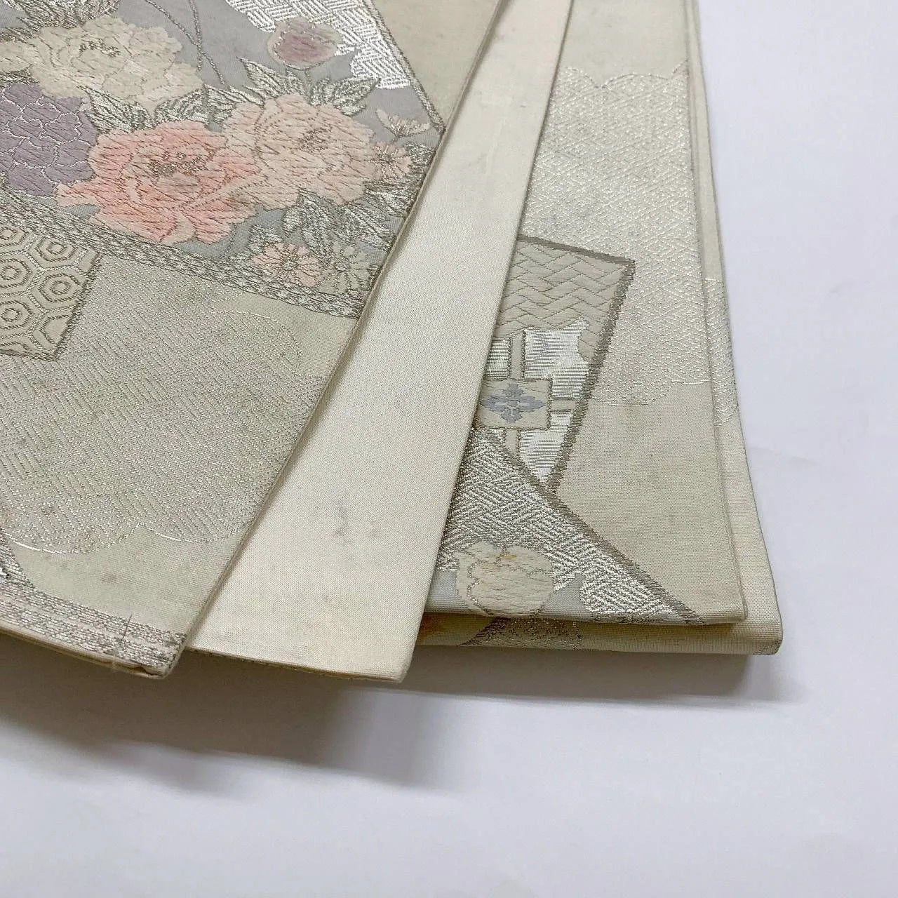 6362# Japanese Vintage Fukuro Obi Belt Kimono Fabric Silk Traditional Silver