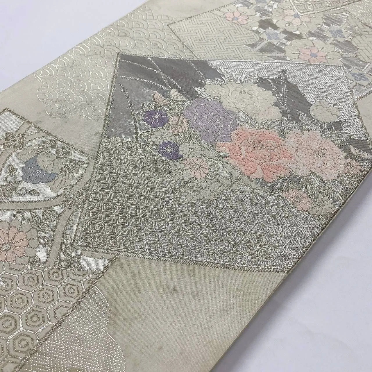 6362# Japanese Vintage Fukuro Obi Belt Kimono Fabric Silk Traditional Silver