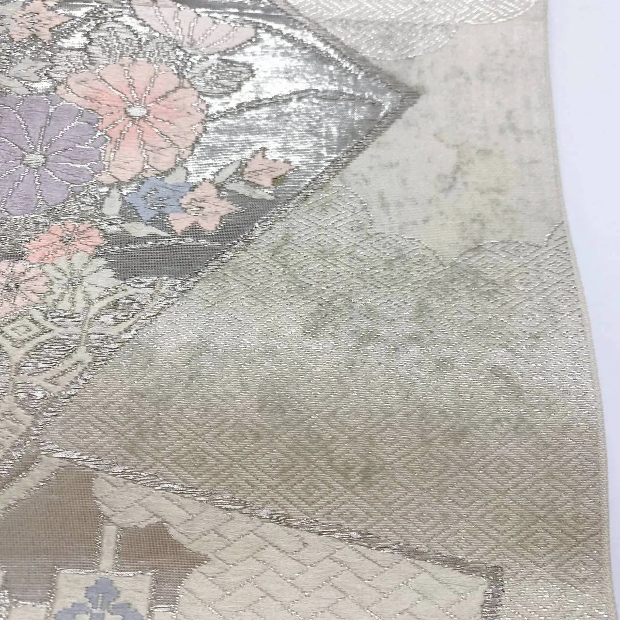 6362# Japanese Vintage Fukuro Obi Belt Kimono Fabric Silk Traditional Silver