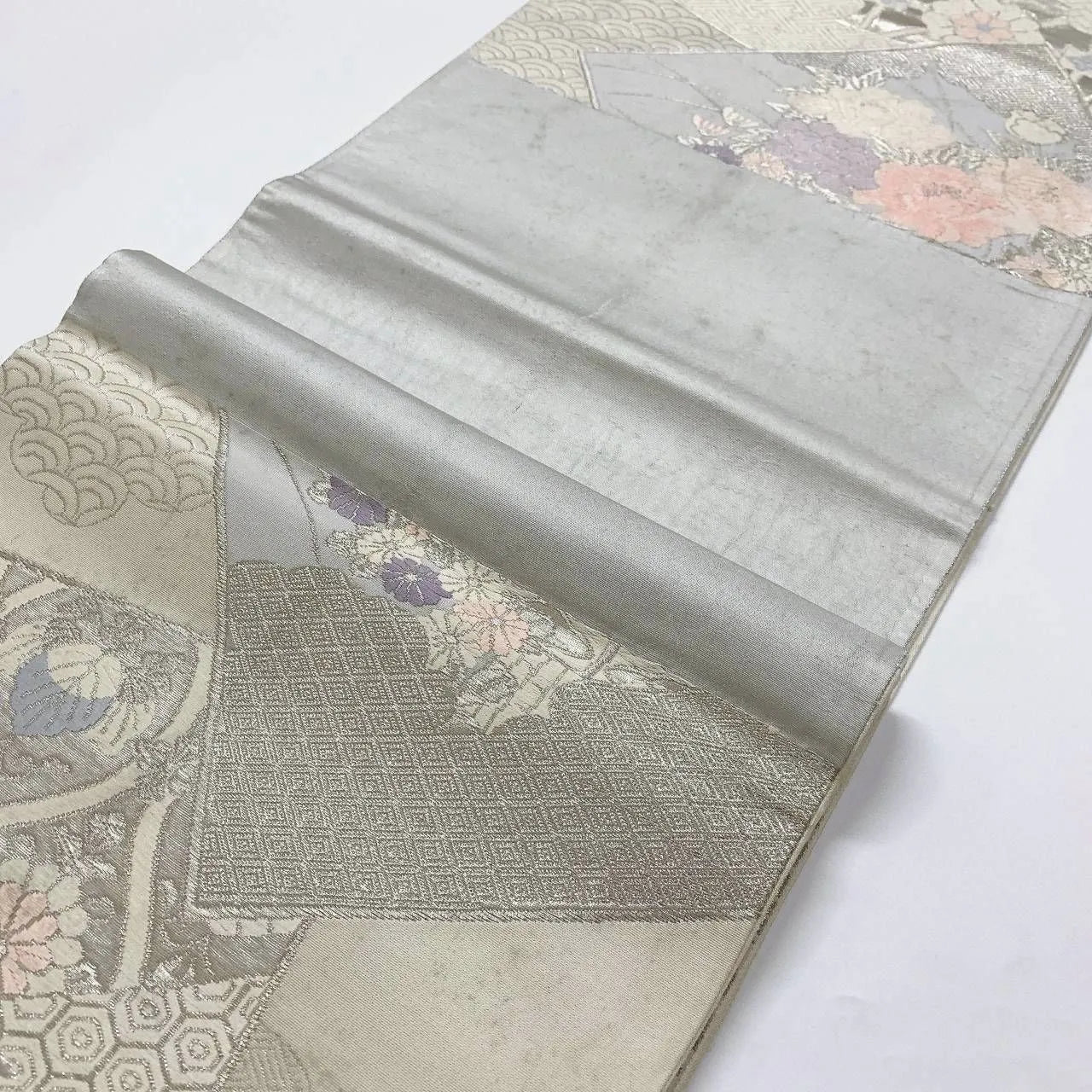 6362# Japanese Vintage Fukuro Obi Belt Kimono Fabric Silk Traditional Silver