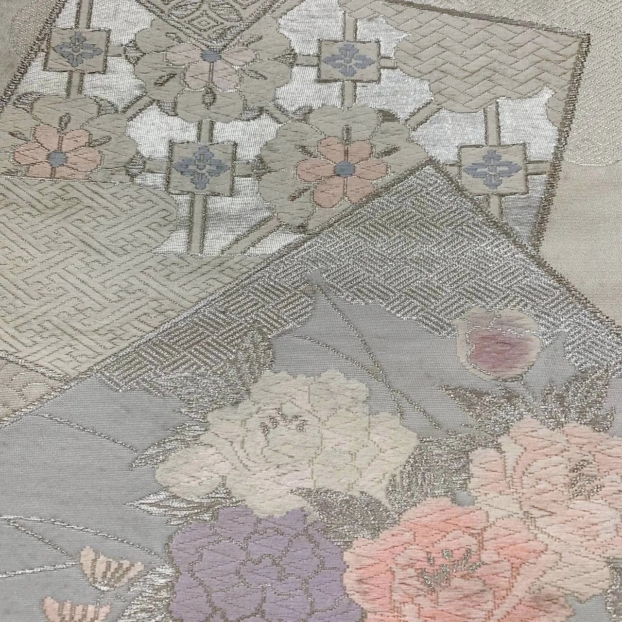 6362# Japanese Vintage Fukuro Obi Belt Kimono Fabric Silk Traditional Silver