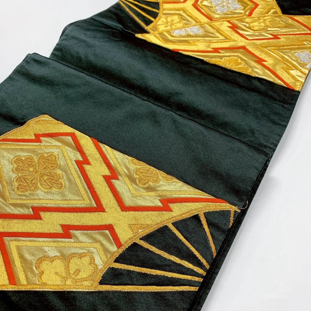 6364# Japanese Vintage Fukuro Obi Belt Kimono Fabric Silk Traditional Black
