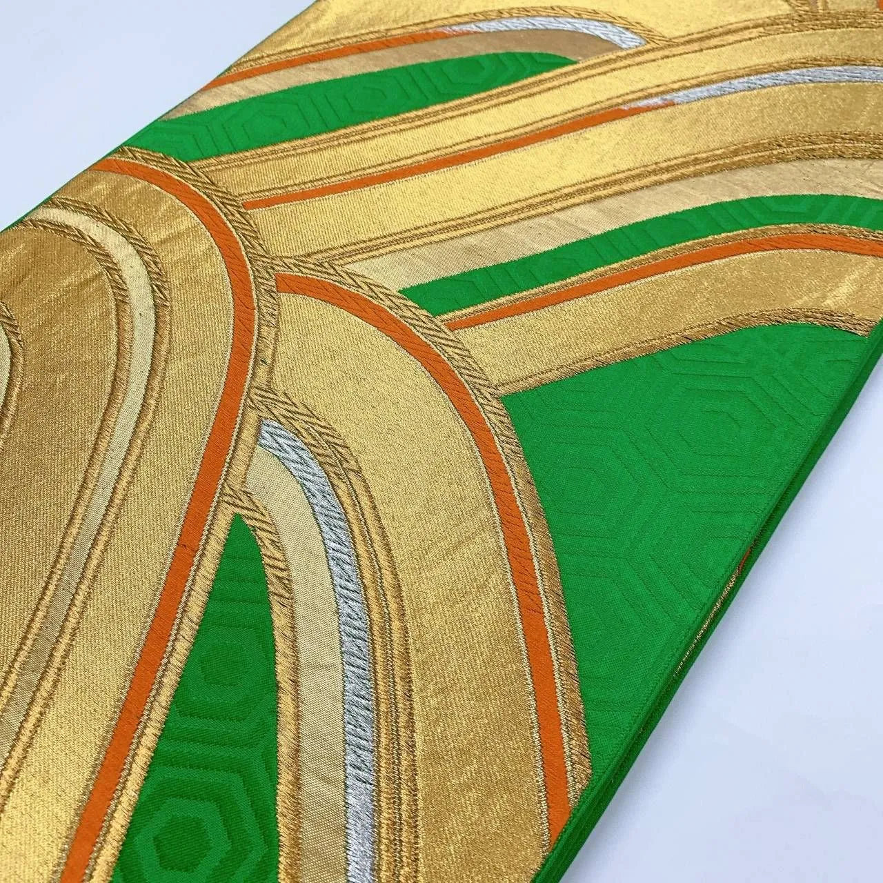 6365# Japanese Vintage Fukuro Obi Belt Kimono Fabric Silk Traditional Green