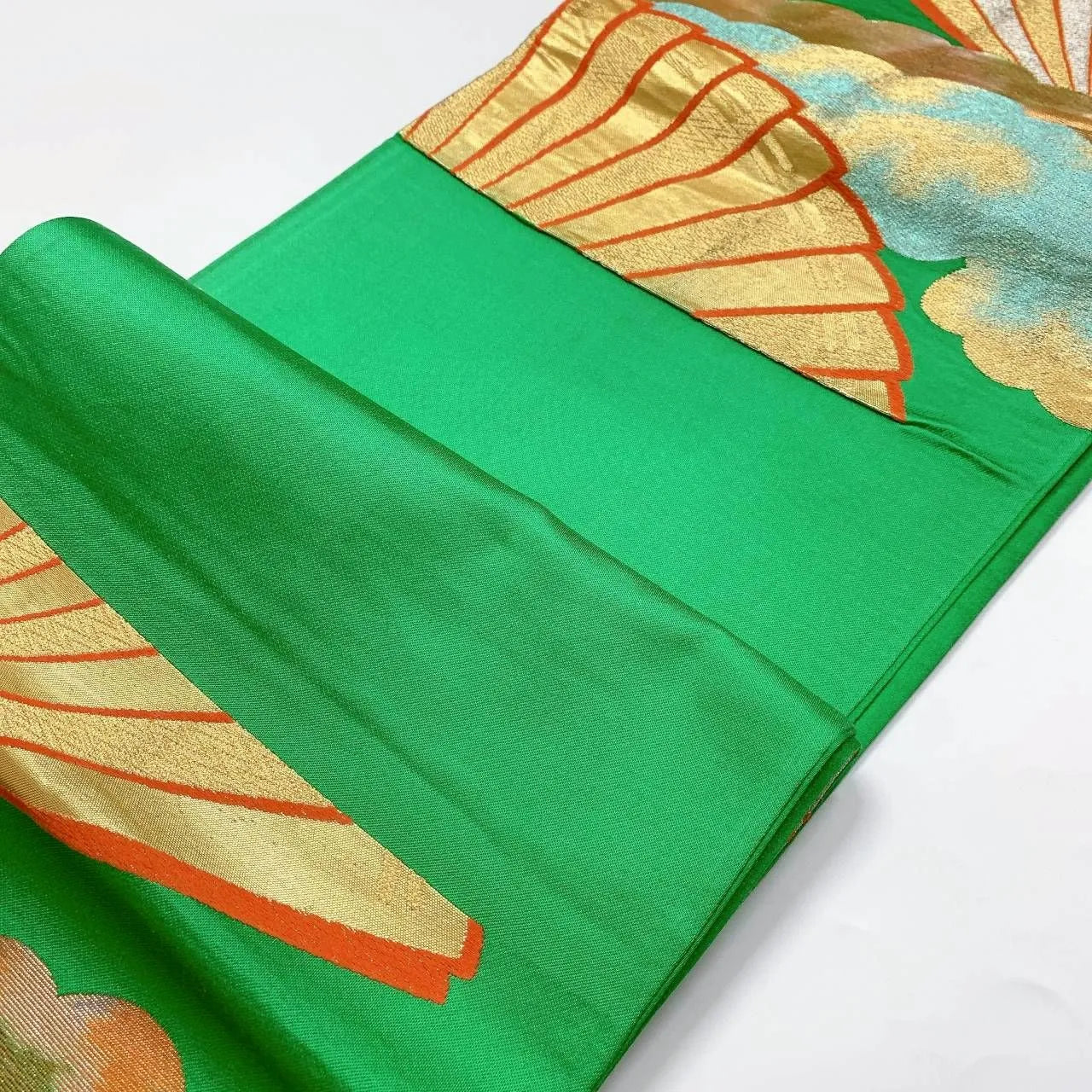 6366# Japanese Vintage Fukuro Obi Belt Kimono Fabric Silk Traditional Green　