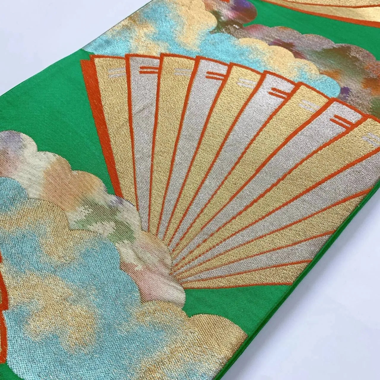 6366# Japanese Vintage Fukuro Obi Belt Kimono Fabric Silk Traditional Green　