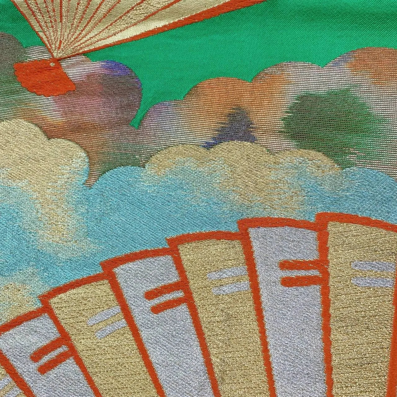 6366# Japanese Vintage Fukuro Obi Belt Kimono Fabric Silk Traditional Green　