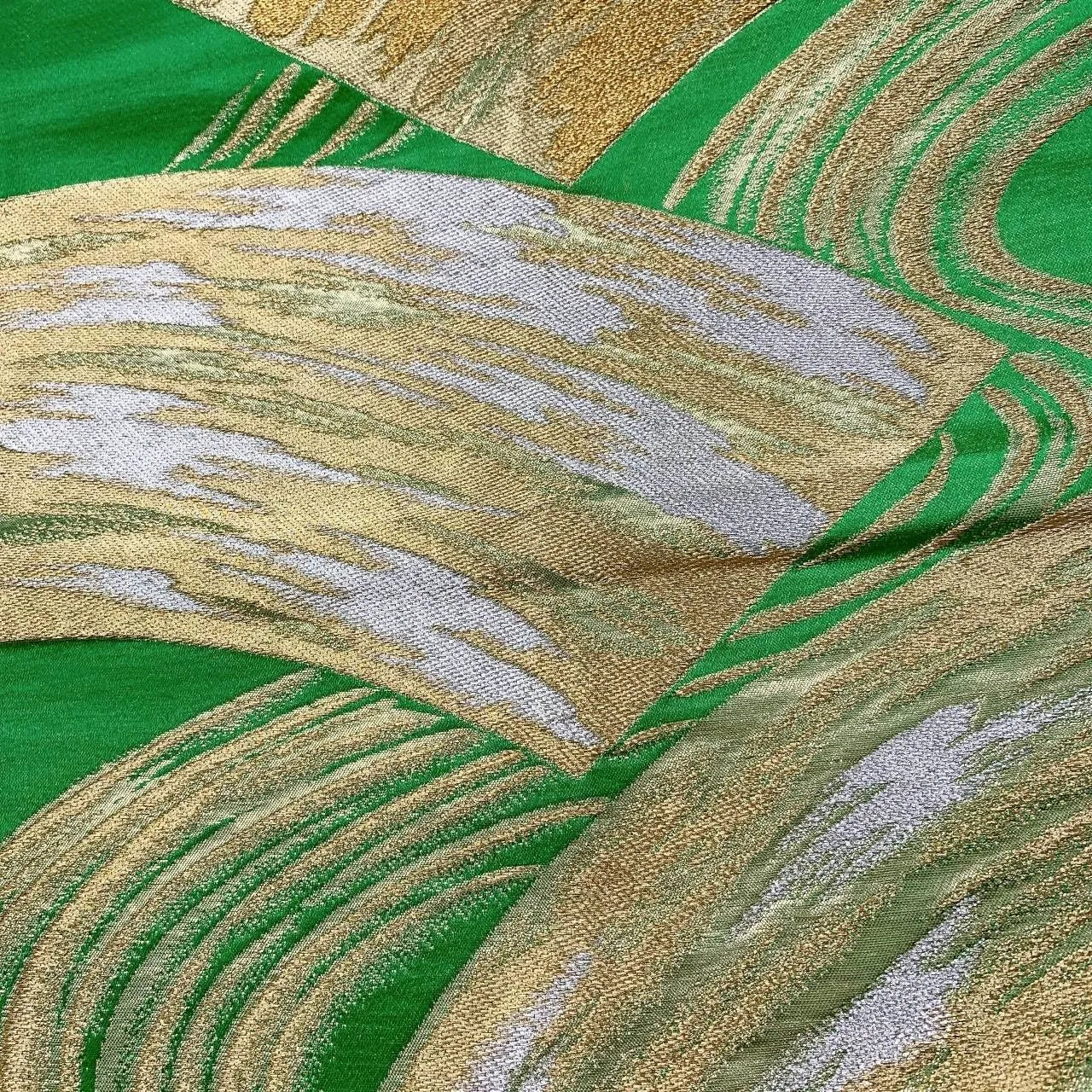 6377# Japanese Vintage Fukuro Obi Belt Kimono Fabric Silk Traditional Green