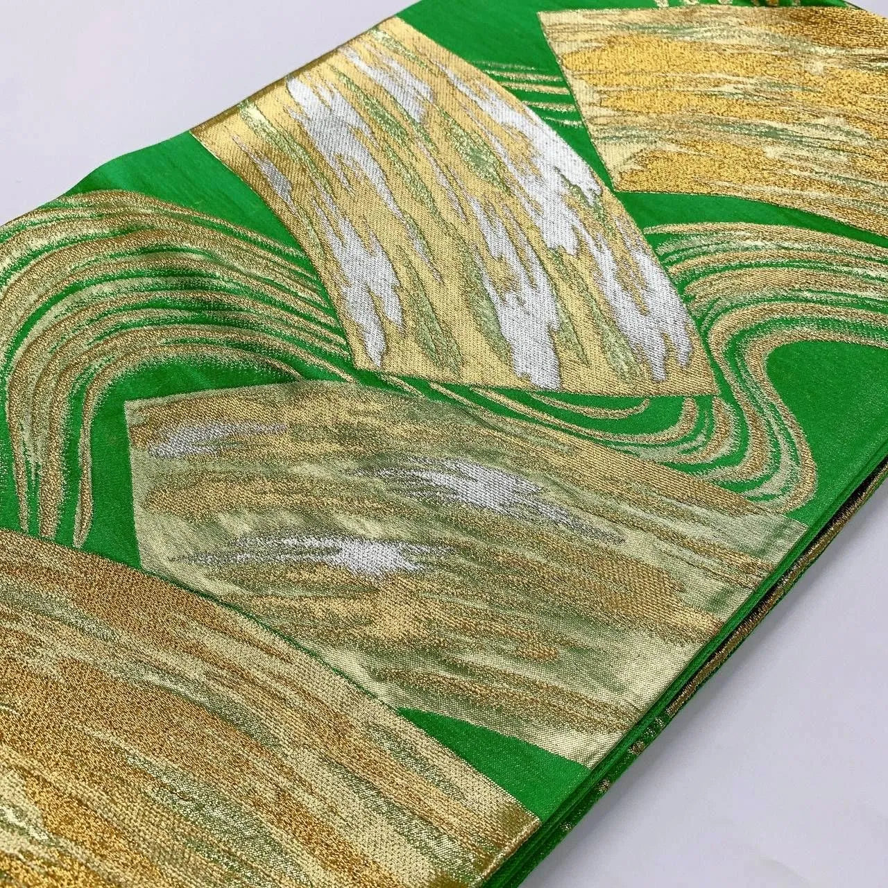 6377# Japanese Vintage Fukuro Obi Belt Kimono Fabric Silk Traditional Green