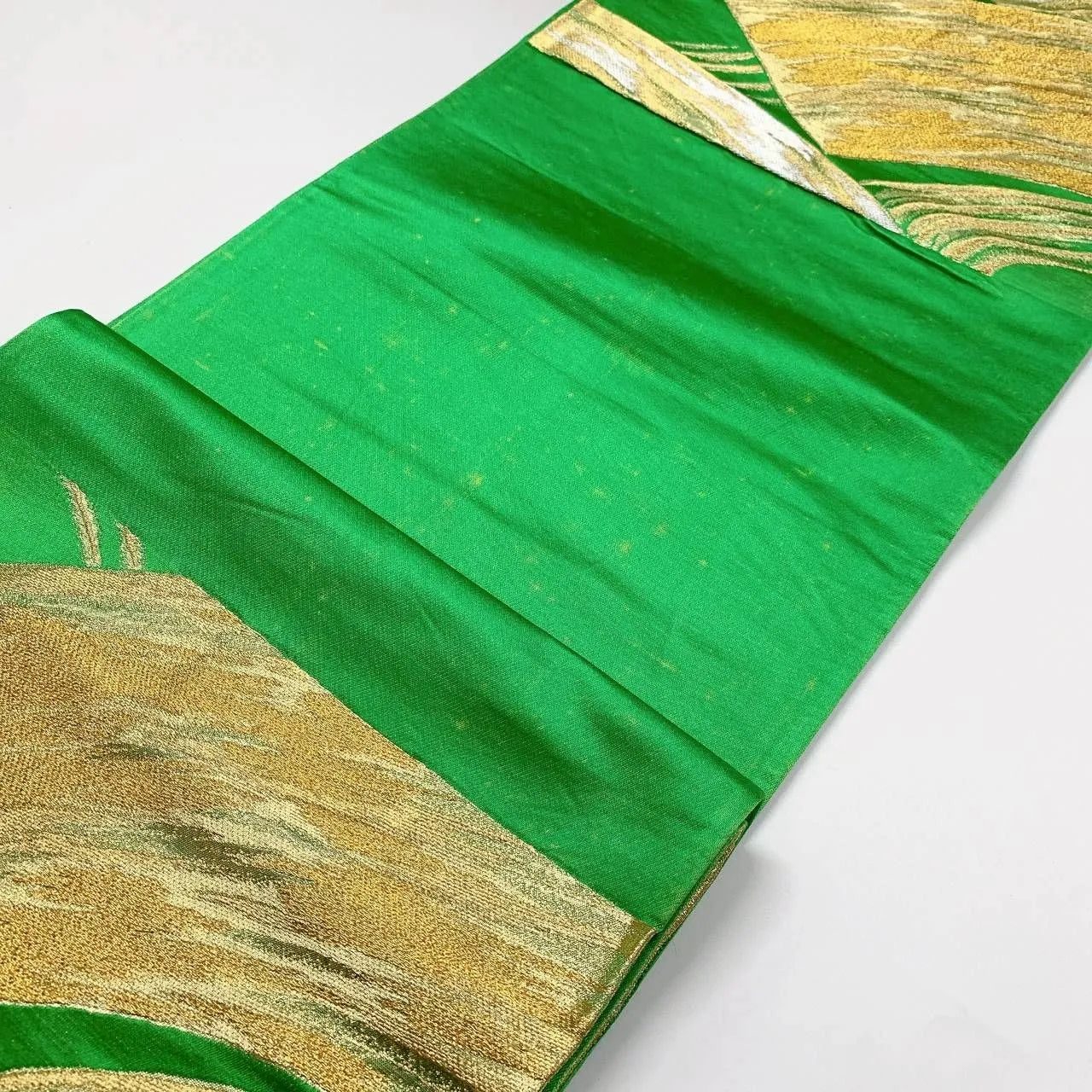 6377# Japanese Vintage Fukuro Obi Belt Kimono Fabric Silk Traditional Green