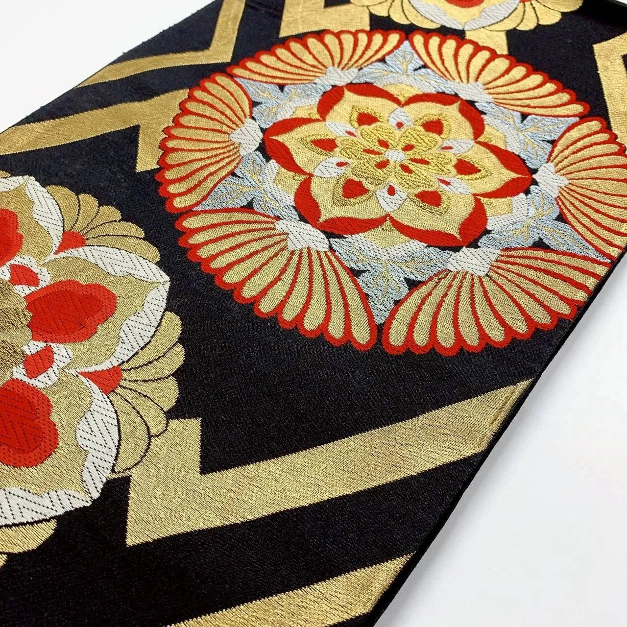 6378# Japanese Vintage Fukuro Obi Belt Kimono Fabric Silk Traditional Black