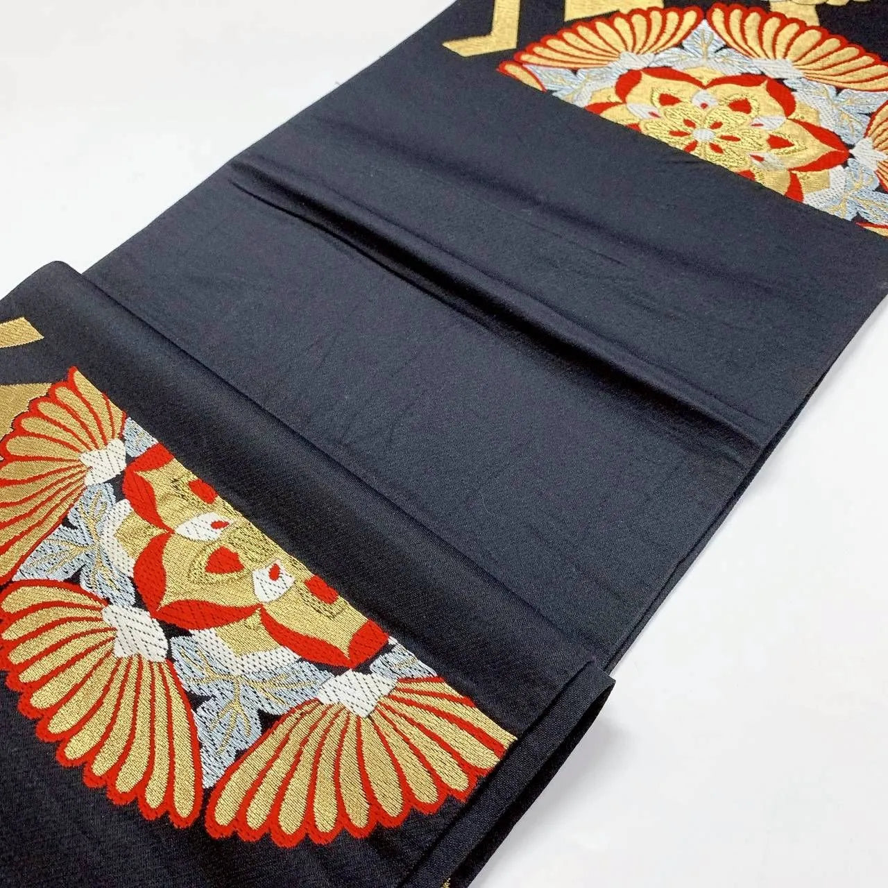 6378# Japanese Vintage Fukuro Obi Belt Kimono Fabric Silk Traditional Black