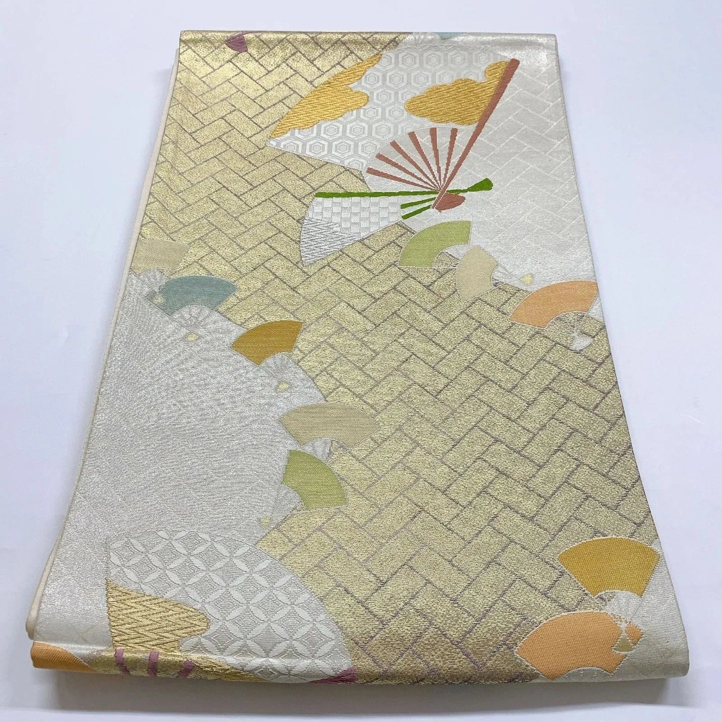 6358# Japanese Vintage Fukuro Obi Belt Kimono Fabric Silk Traditional Gold