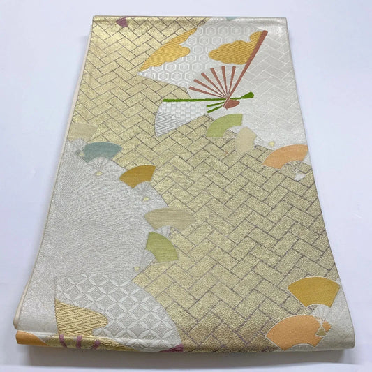 6358# Japanese Vintage Fukuro Obi Belt Kimono Fabric Silk Traditional Gold