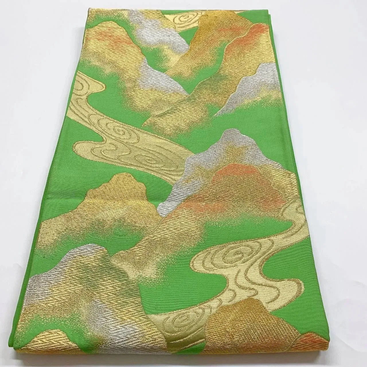 6359# Japanese Vintage Fukuro Obi Belt Kimono Fabric Silk Traditional Green