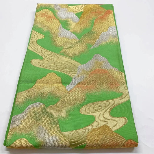 6359# Japanese Vintage Fukuro Obi Belt Kimono Fabric Silk Traditional Green