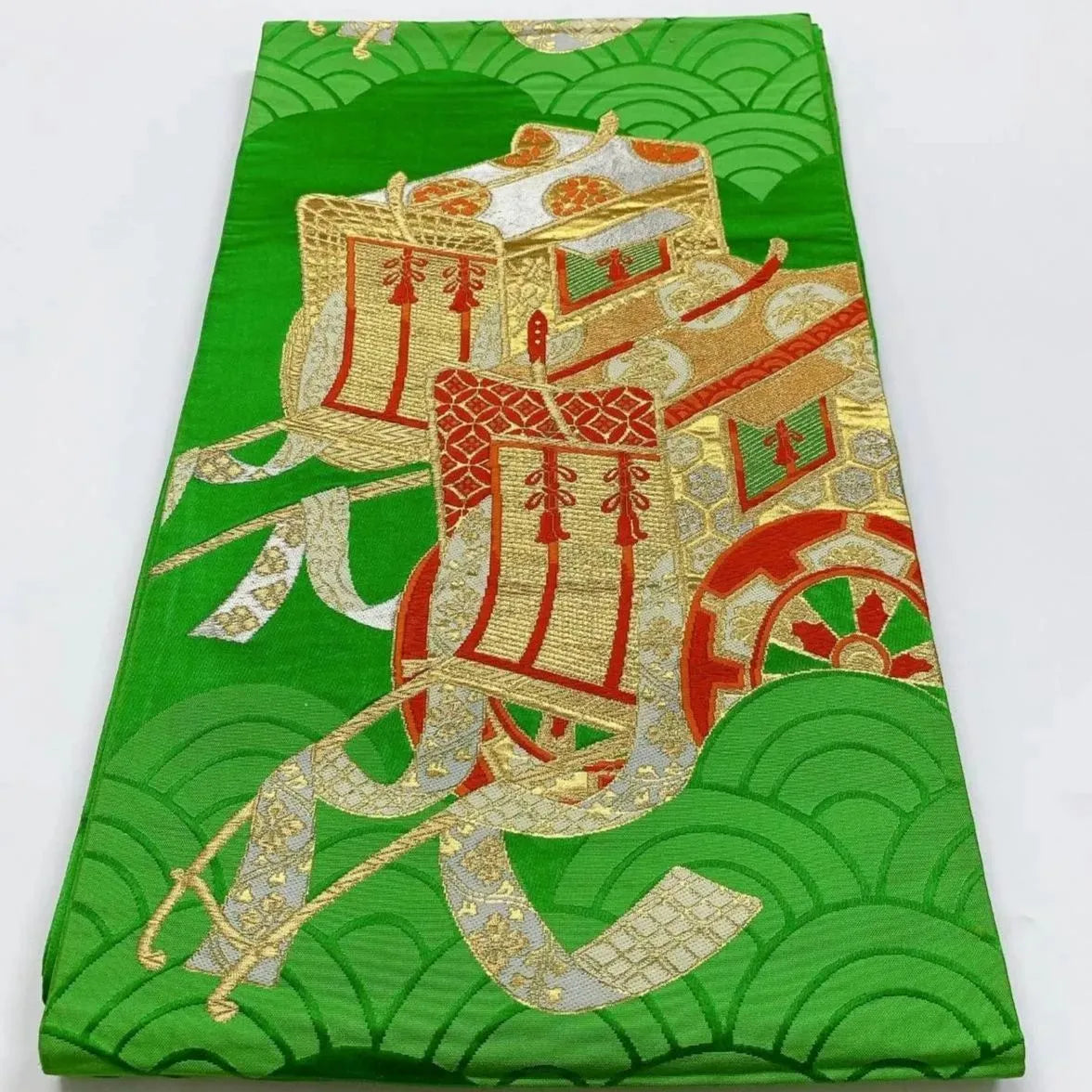 6361# Japanese Vintage Fukuro Obi Belt Kimono Fabric Silk Traditional Green