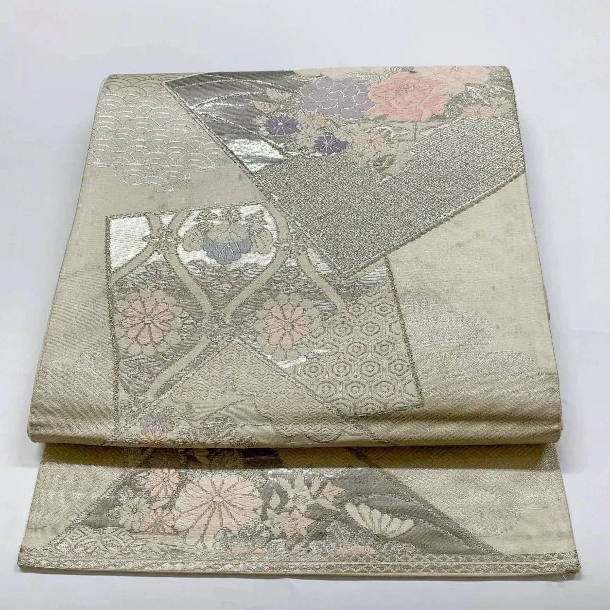 6362# Japanese Vintage Fukuro Obi Belt Kimono Fabric Silk Traditional Silver