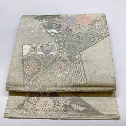 6362# Japanese Vintage Fukuro Obi Belt Kimono Fabric Silk Traditional Silver