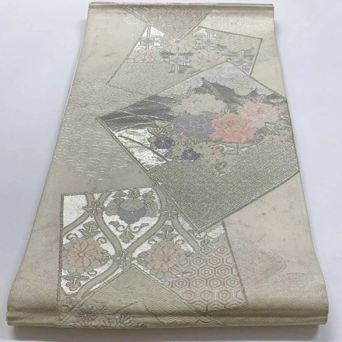 6362# Japanese Vintage Fukuro Obi Belt Kimono Fabric Silk Traditional Silver