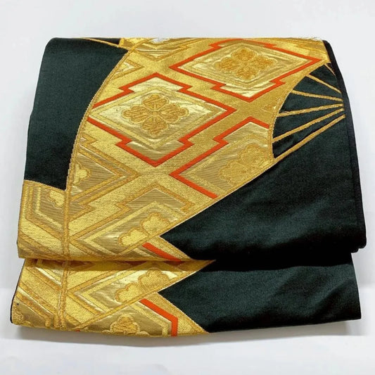 6364# Japanese Vintage Fukuro Obi Belt Kimono Fabric Silk Traditional Black