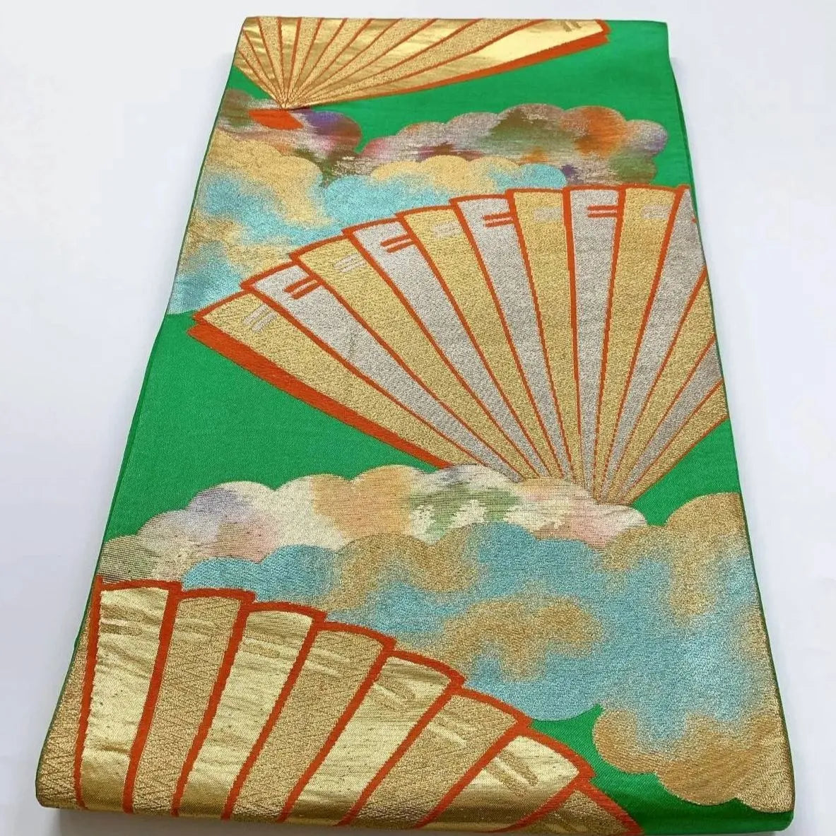 6366# Japanese Vintage Fukuro Obi Belt Kimono Fabric Silk Traditional Green　
