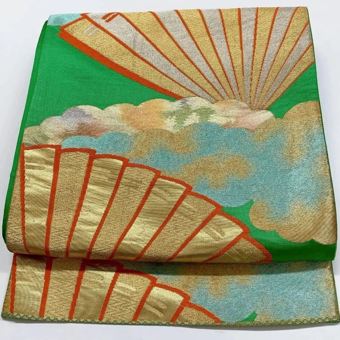 6366# Japanese Vintage Fukuro Obi Belt Kimono Fabric Silk Traditional Green　