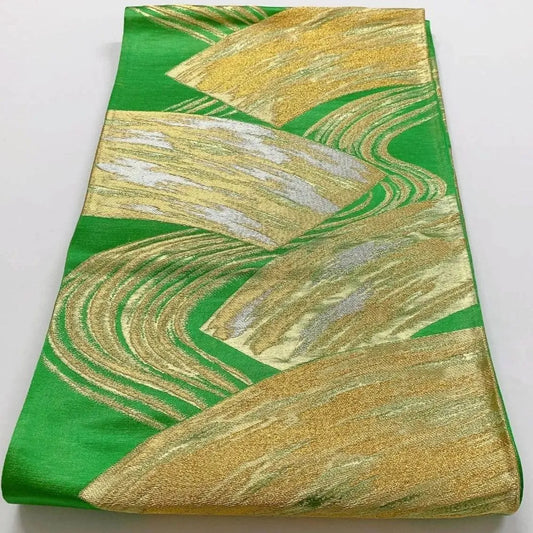 6377# Japanese Vintage Fukuro Obi Belt Kimono Fabric Silk Traditional Green