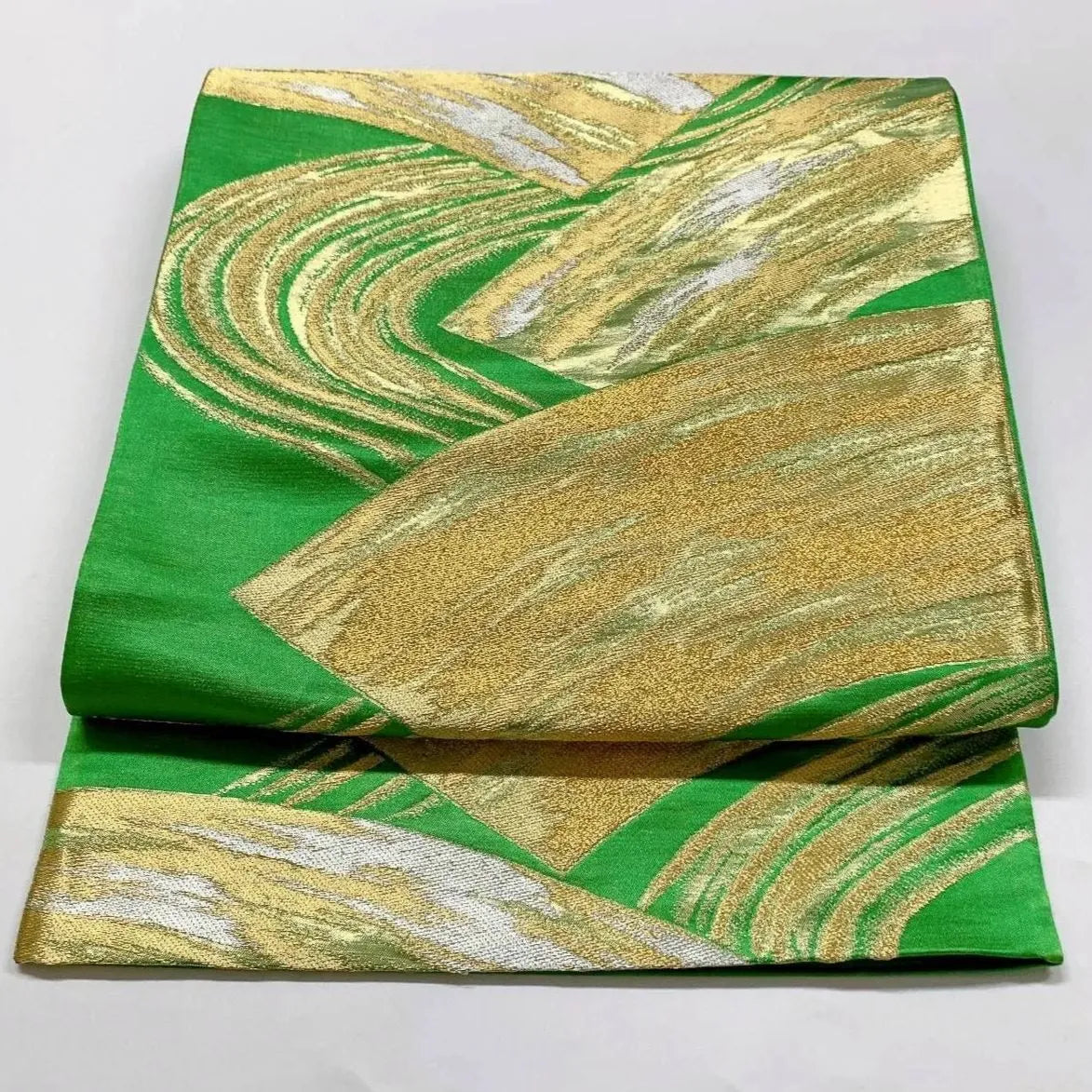 6377# Japanese Vintage Fukuro Obi Belt Kimono Fabric Silk Traditional Green