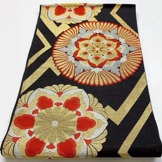 6378# Japanese Vintage Fukuro Obi Belt Kimono Fabric Silk Traditional Black