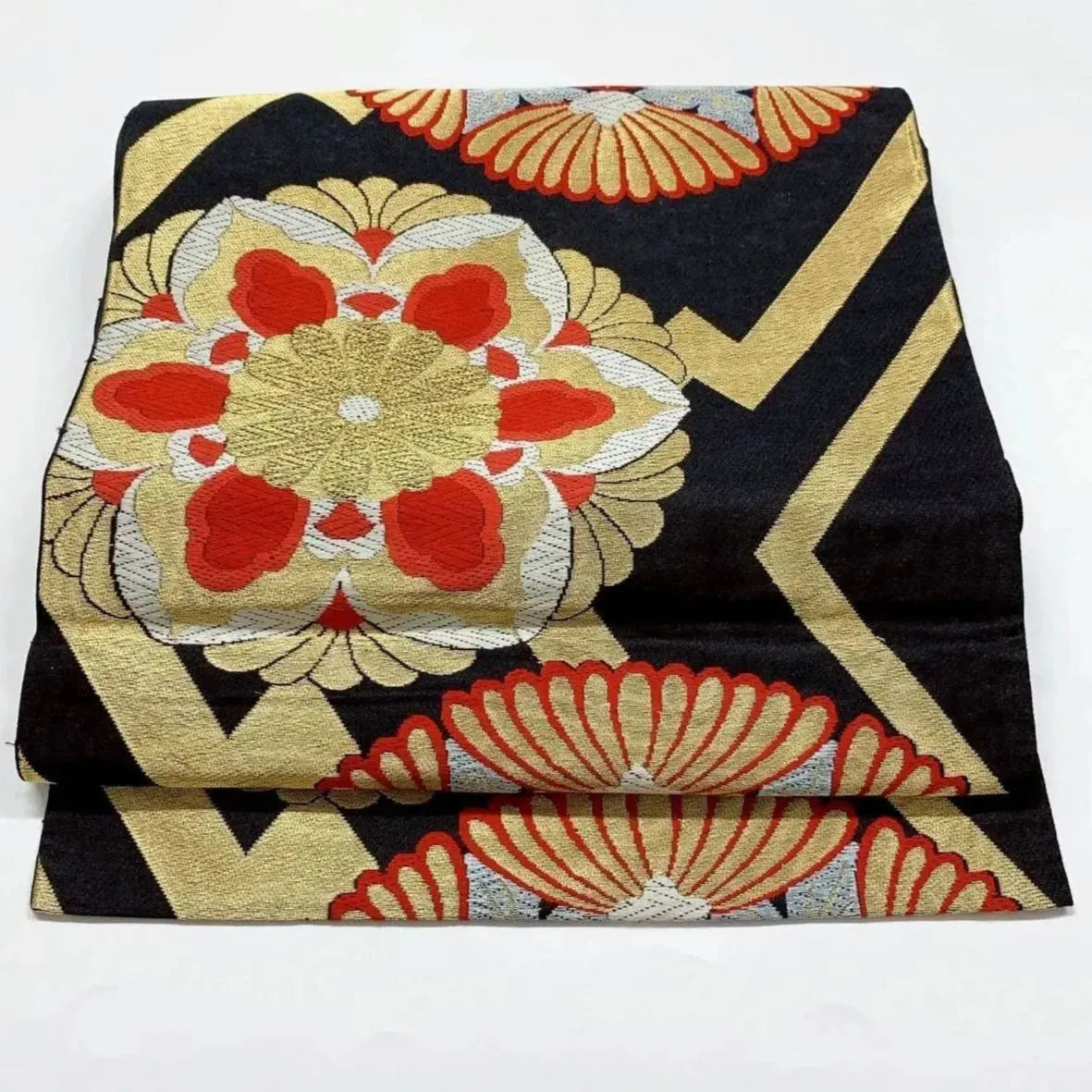 6378# Japanese Vintage Fukuro Obi Belt Kimono Fabric Silk Traditional Black