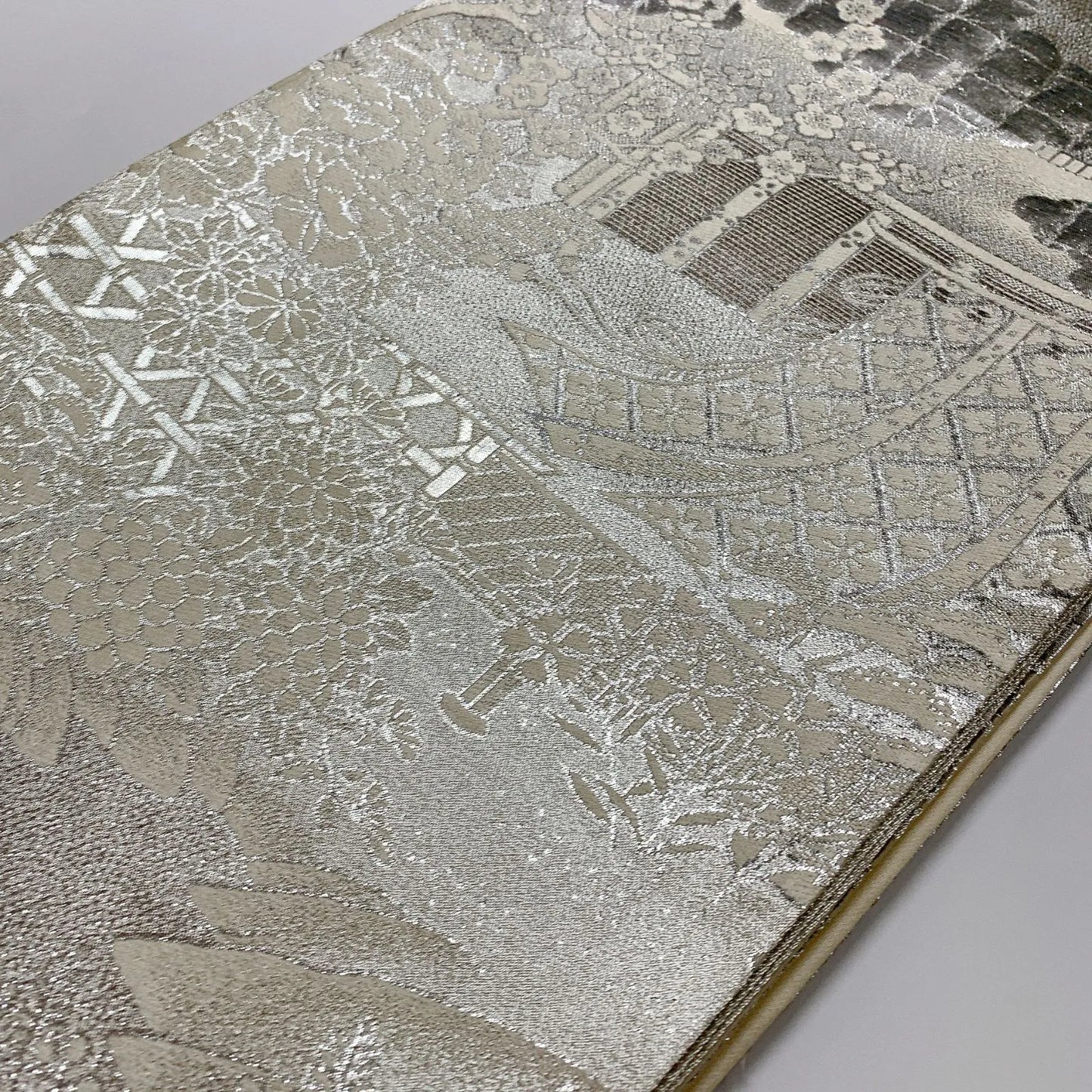 6547# Japanese Vintage Fukuro Obi Belt Kimono Fabric Silk Traditional Silver